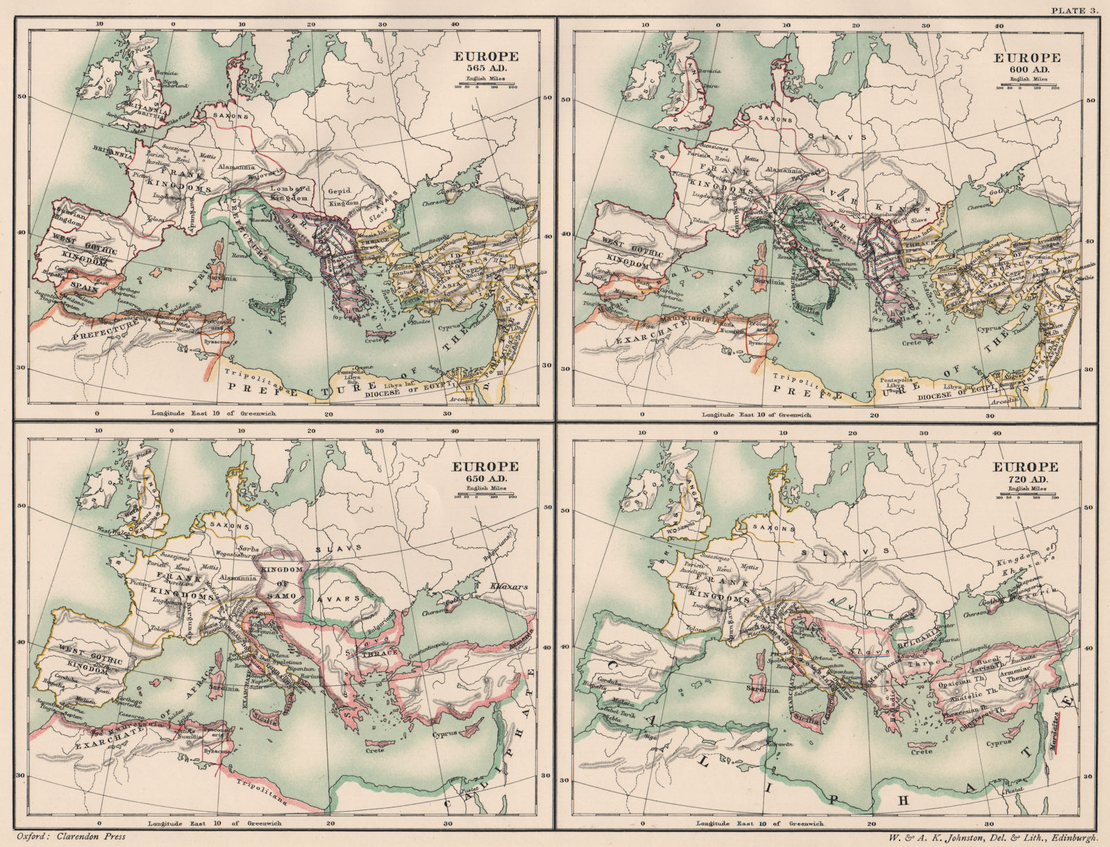 Associate Product DARK AGES EUROPE. in 565 600 650 & 720 AD. 6th 7th & 8th centuries 1902 map