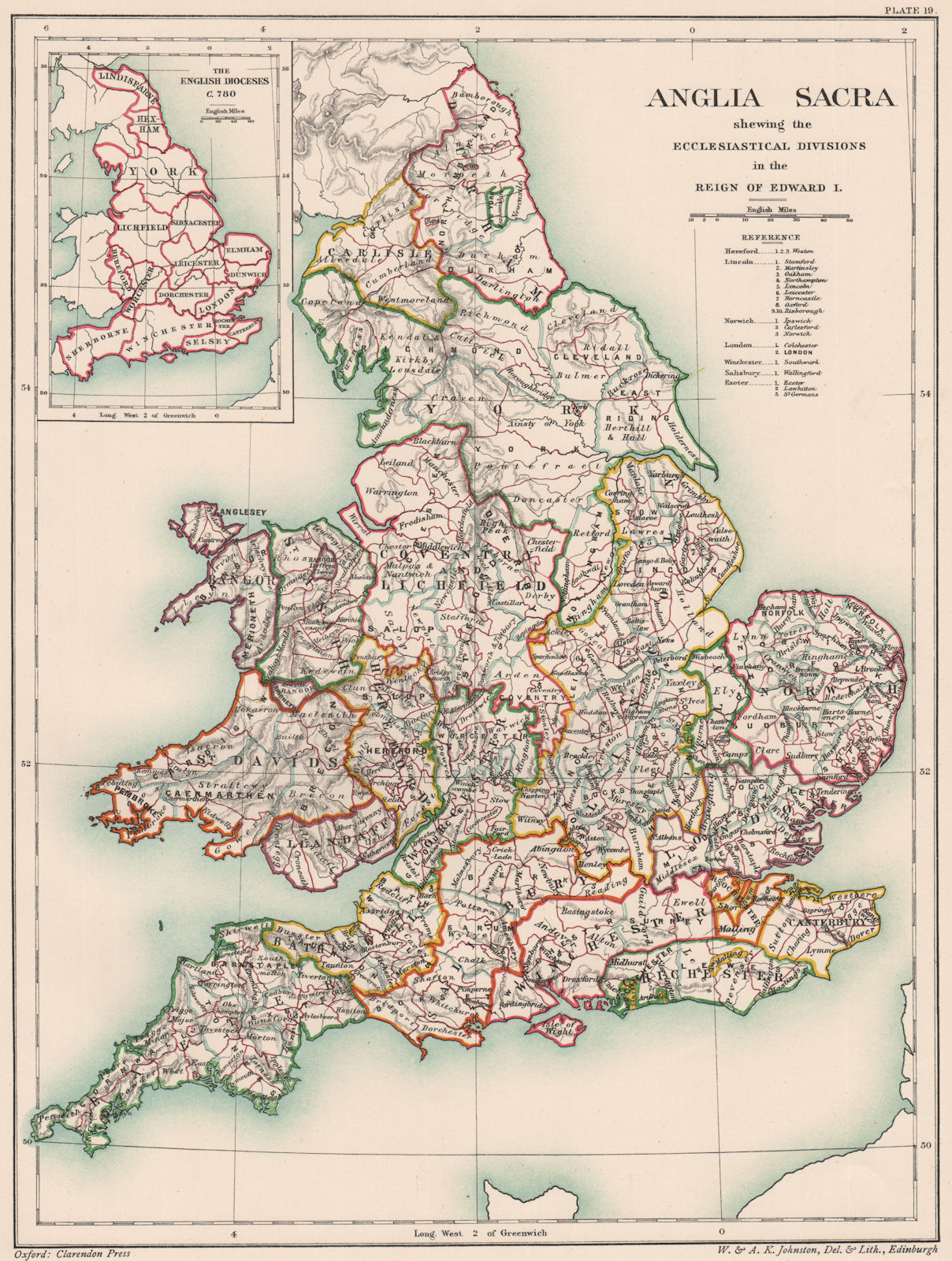ANGLIA SACRA. Ecclesiastical divisions in England of King Edward I 1902 map