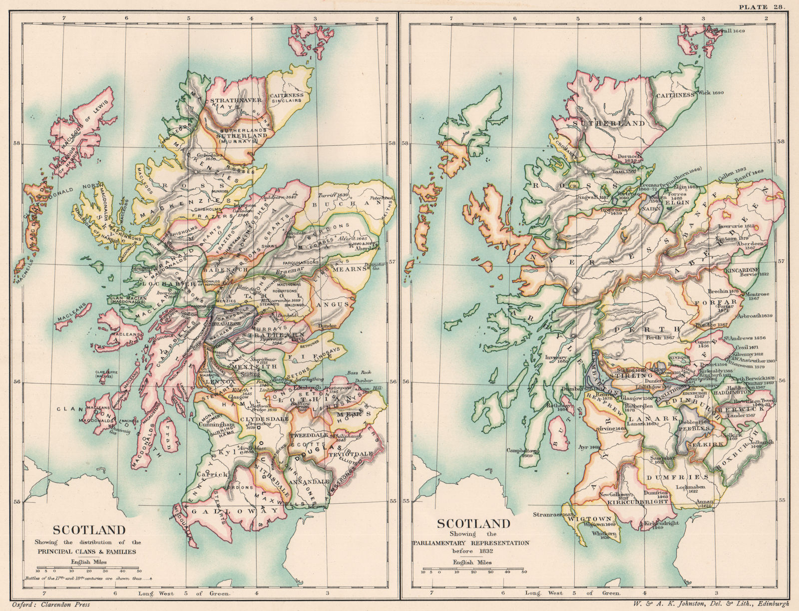 SCOTLAND. Scottish Clans. Parliamentary representation before 1832 1902 map