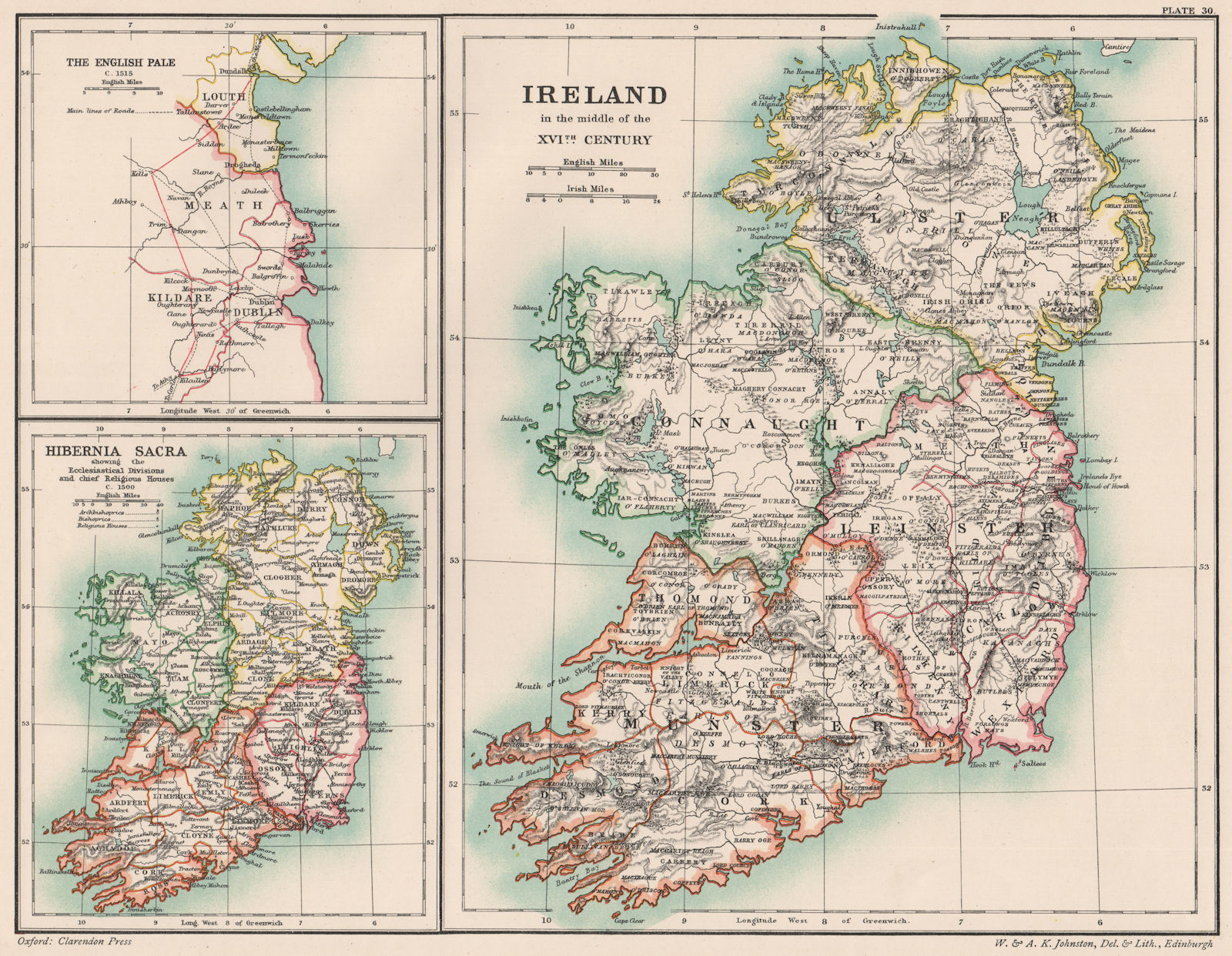 16TH CENTURY IRELAND. Inset the English Pale 1515 & Hibernia Sacra 1500 1902 map