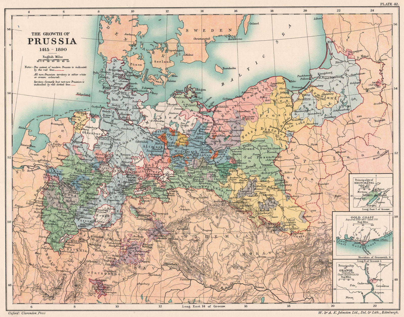 Associate Product PRUSSIA 1415-1890. Growth 15-19C. Neuchâtel Gold Coast (Ghana) Orange 1902 map