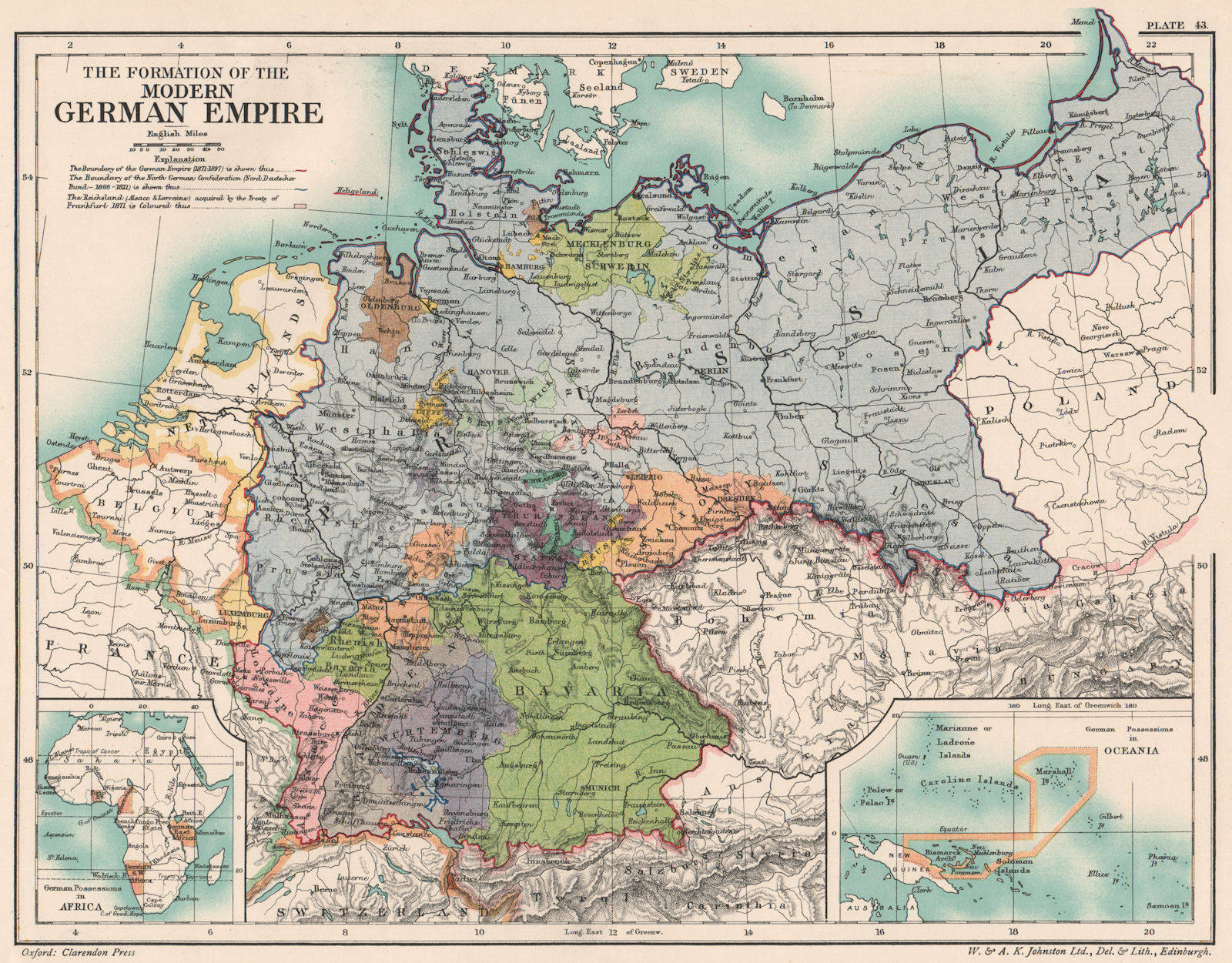 GERMANY.Formation of 19th century German Empire.Africa Pacific colonies 1902 map