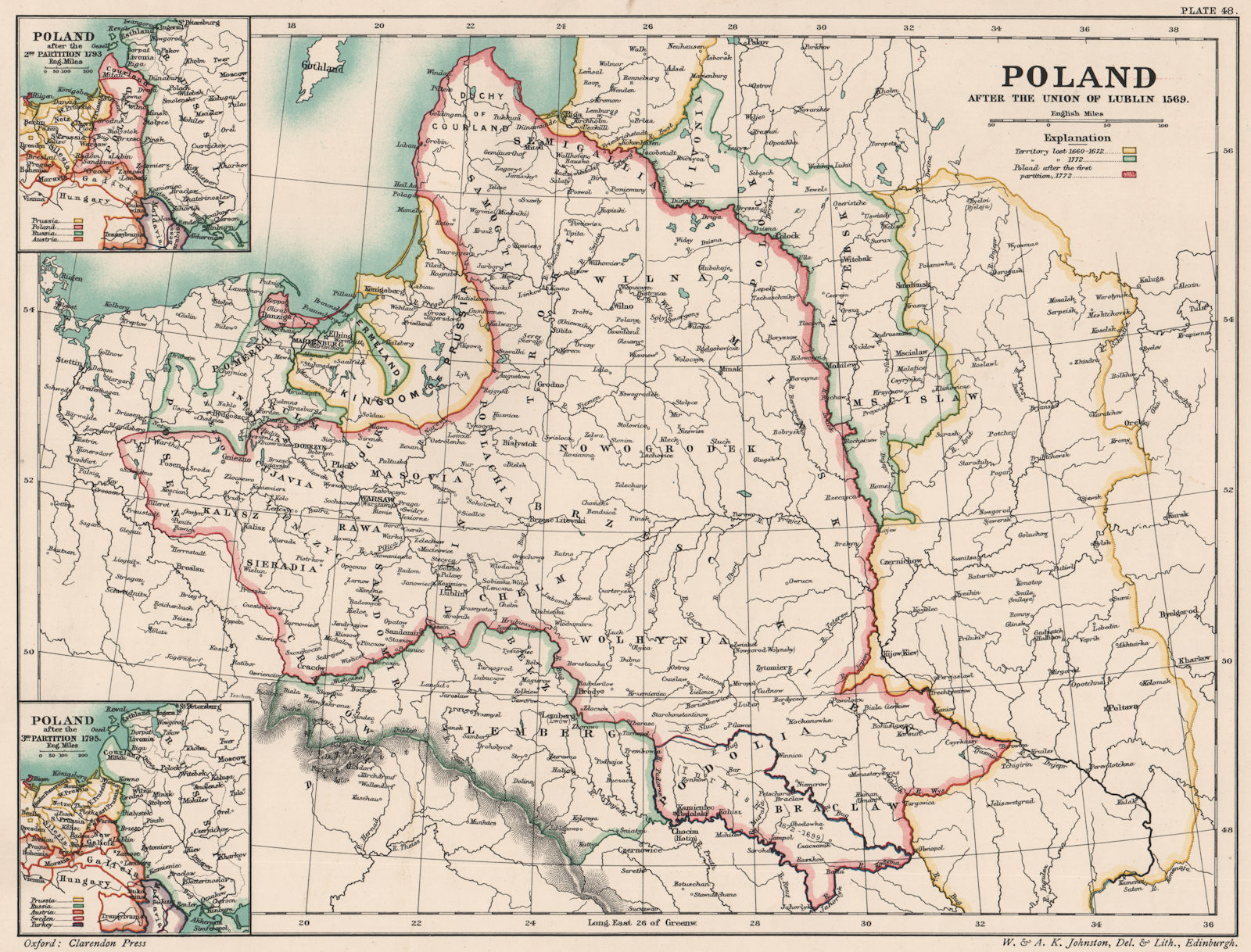 Associate Product POLAND 1569. on Union of Lublin. Inset after 2nd & 3rd partition 1793-5 1902 map