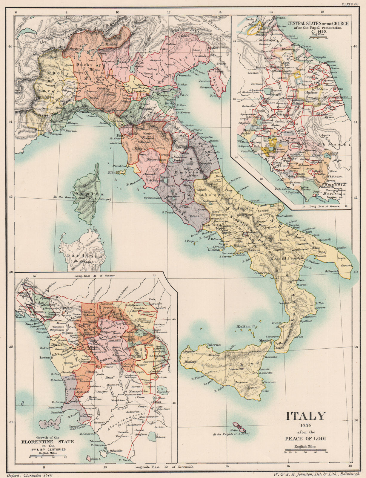 Associate Product ITALY 1454. Post Peace Lodi. Papal States 1430. Florentine State 14-15C 1902 map
