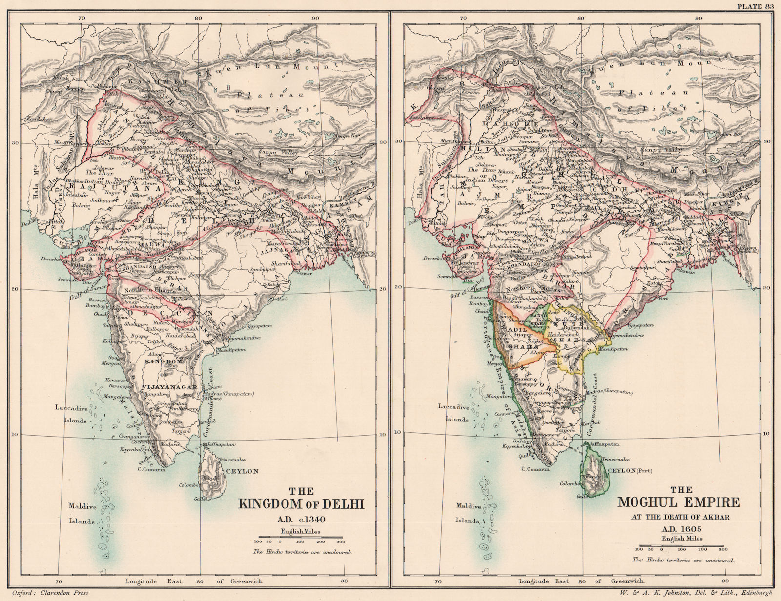 INDIA. Kingdom of Delhi c1340. Moghul Empire on Akbar's death 1605 1902 map