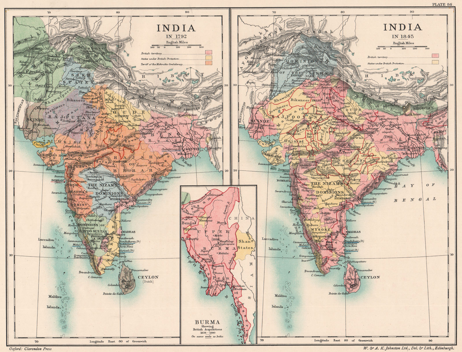 INDIA SHOWING BRITISH EXPANSION. in 1792 & 1845. Burma 1826-1890 1902 old map