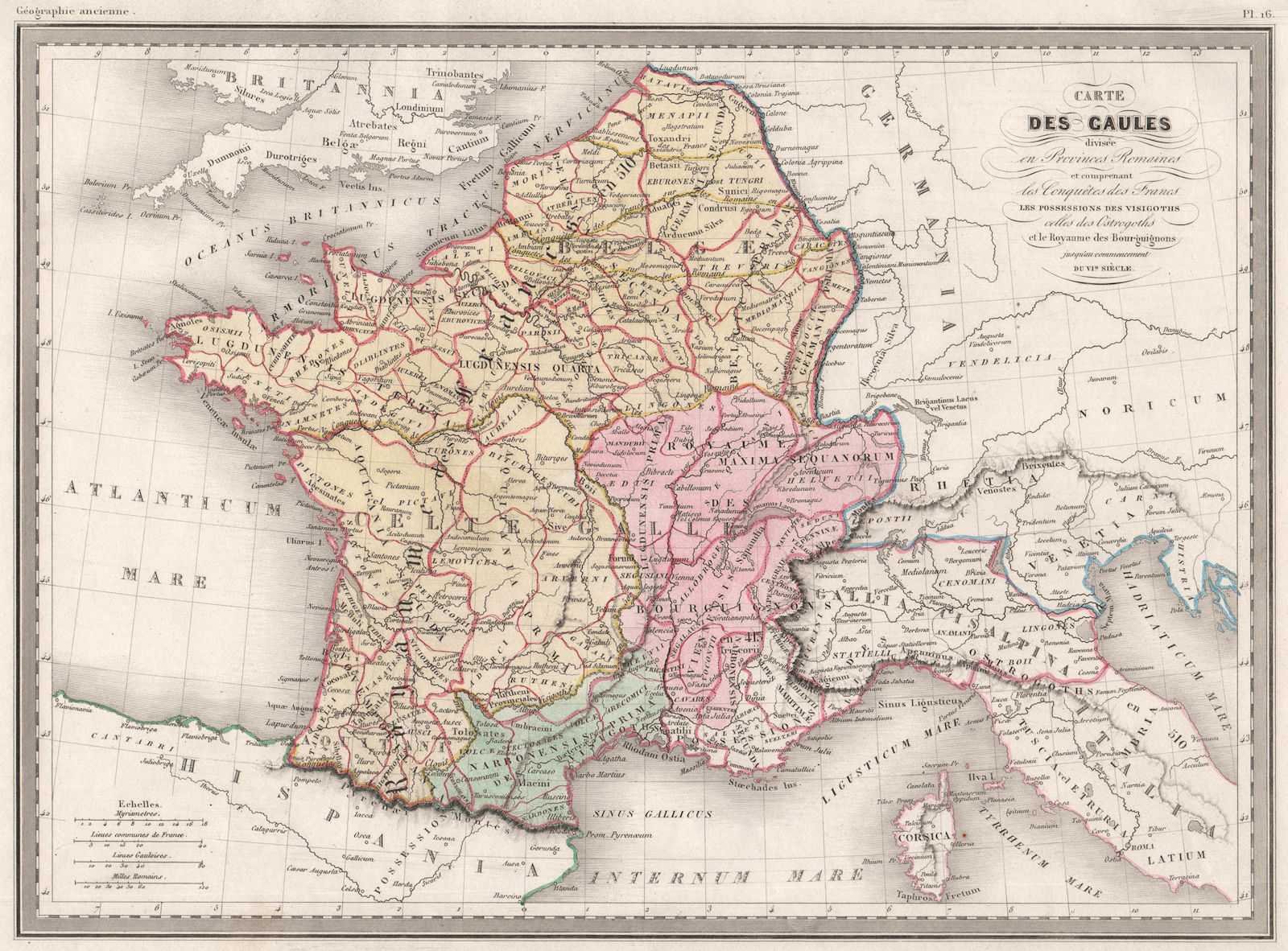 ANCIENT FRANCE Carte des Gaules. Roman provinces. Coloured.MALTE-BRUN c1846 map