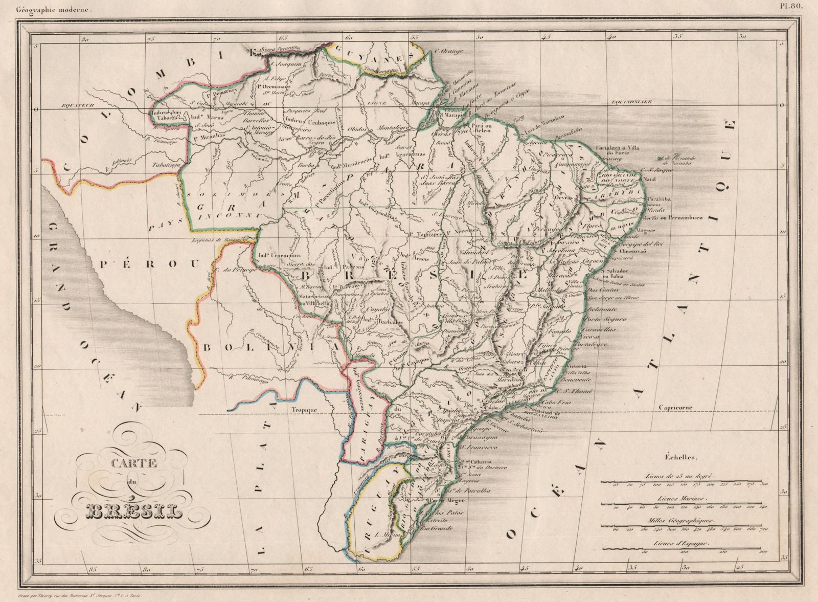 BRAZIL. Carte du Brésil. Original outline colour. MALTE-BRUN c1846 old map