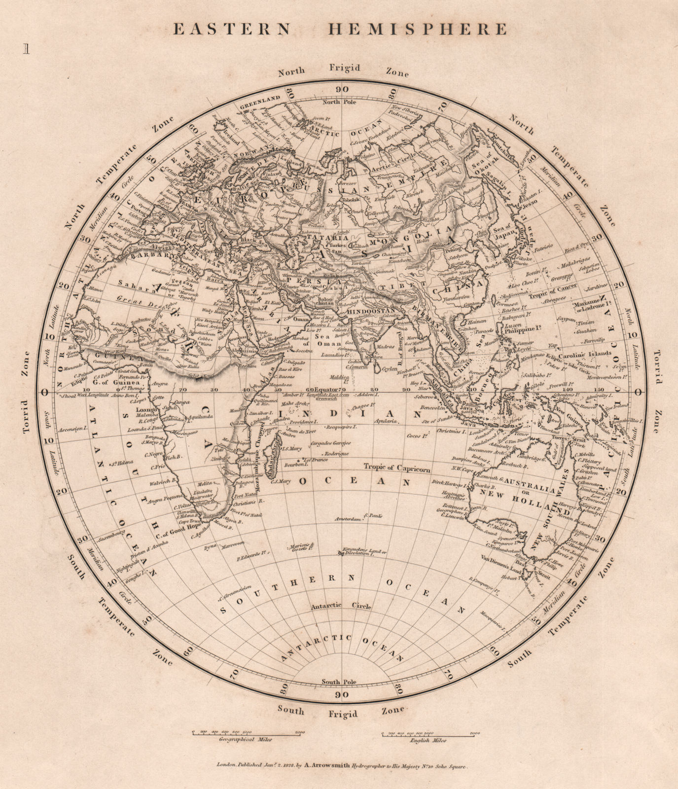 WORLD.Eastern Hemisphere.Europe Africa(Mountains Kong)Asia.ARROWSMITH 1828 map