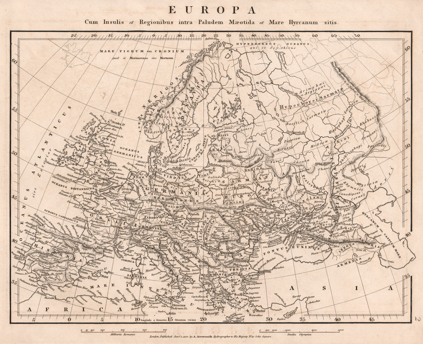 Associate Product EUROPE ANCIENT.Europa.Germania Gallia Hispania Sarmatia &c.ARROWSMITH 1828 map