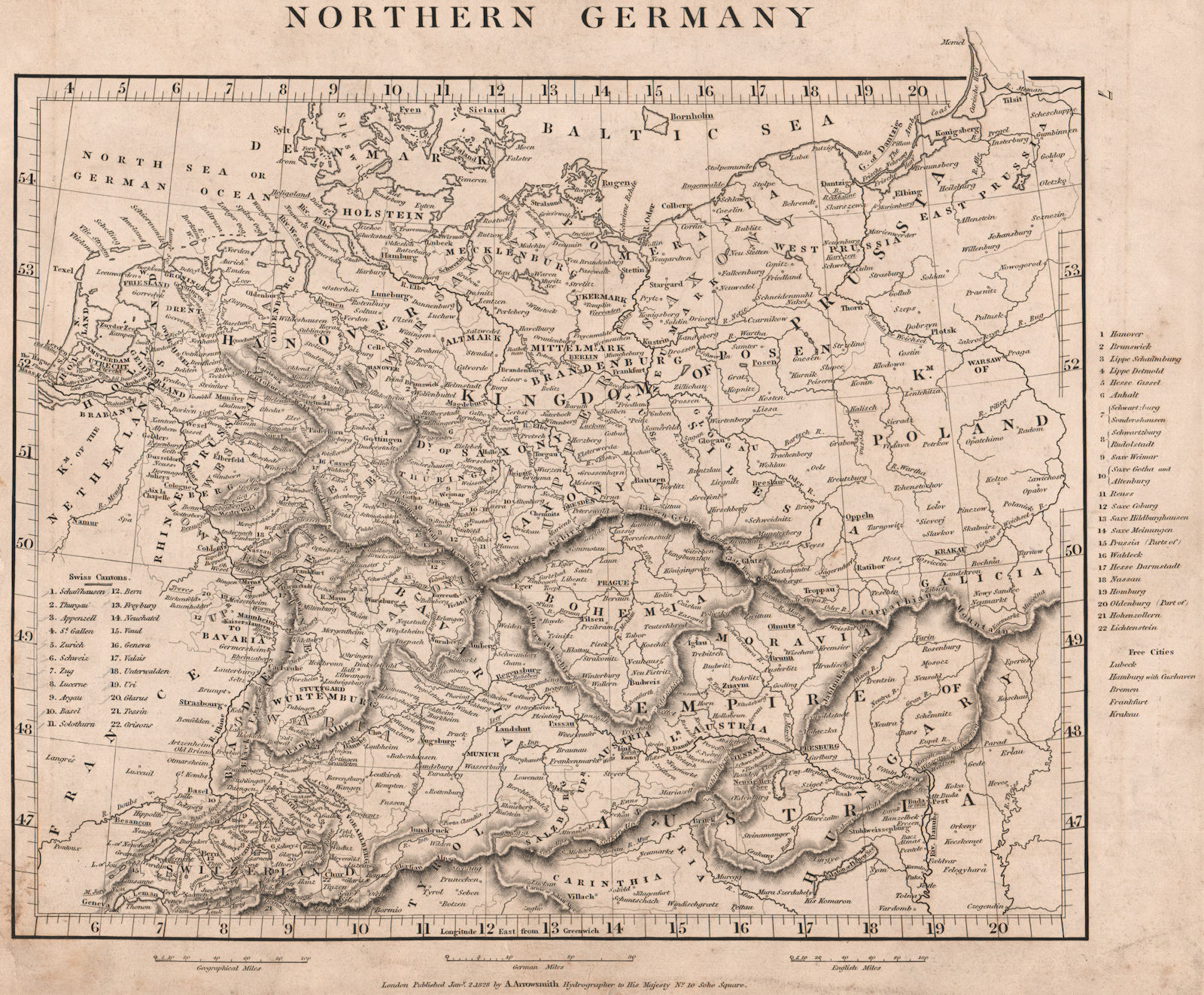 Associate Product NORTHERN GERMANY. States. Free Cities. Switzerland Austria. ARROWSMITH 1828 map