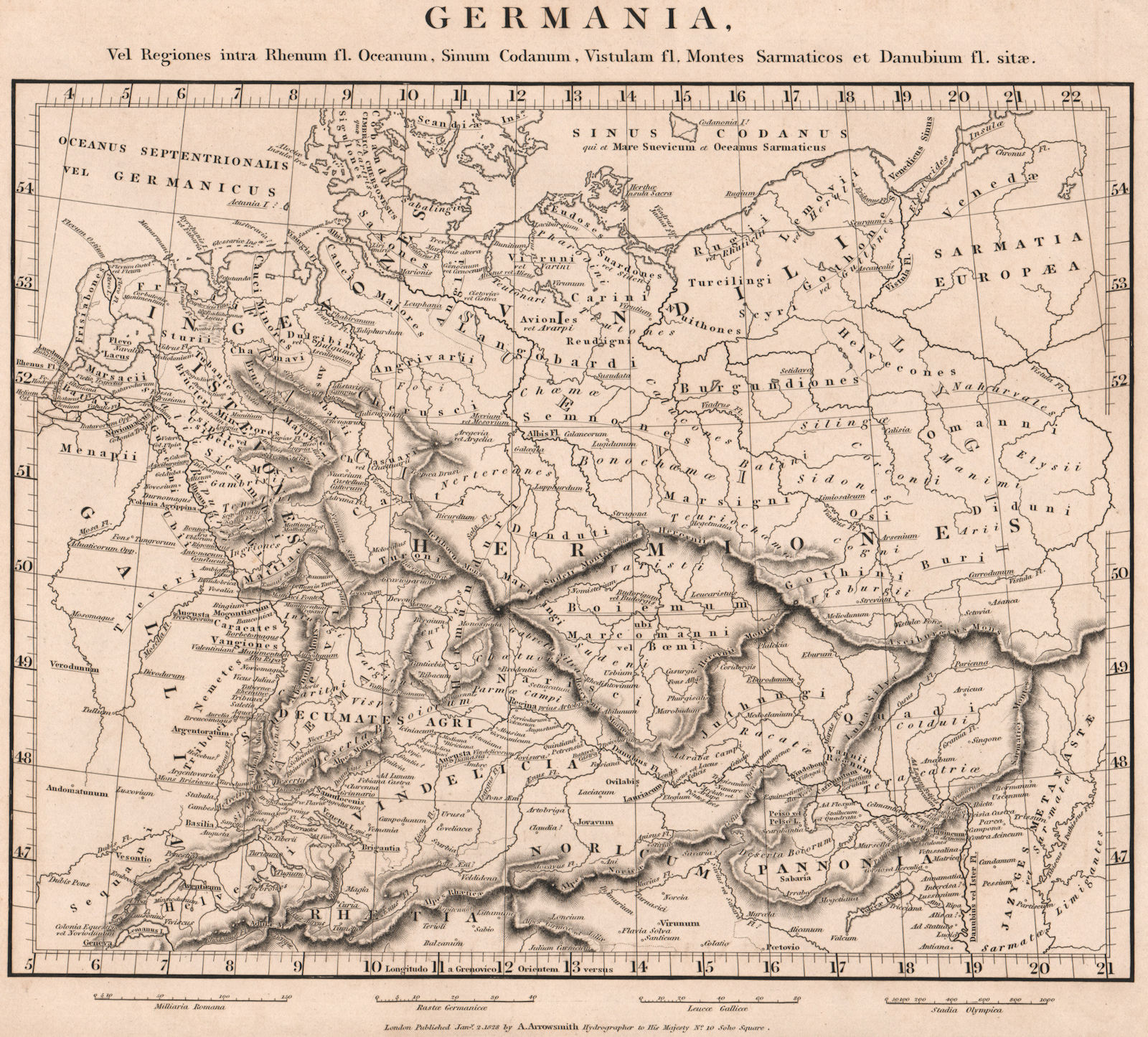 GERMANY ANCIENT.Germania.Tribes.Hermiones Vindili Ingaevones.ARROWSMITH 1828 map