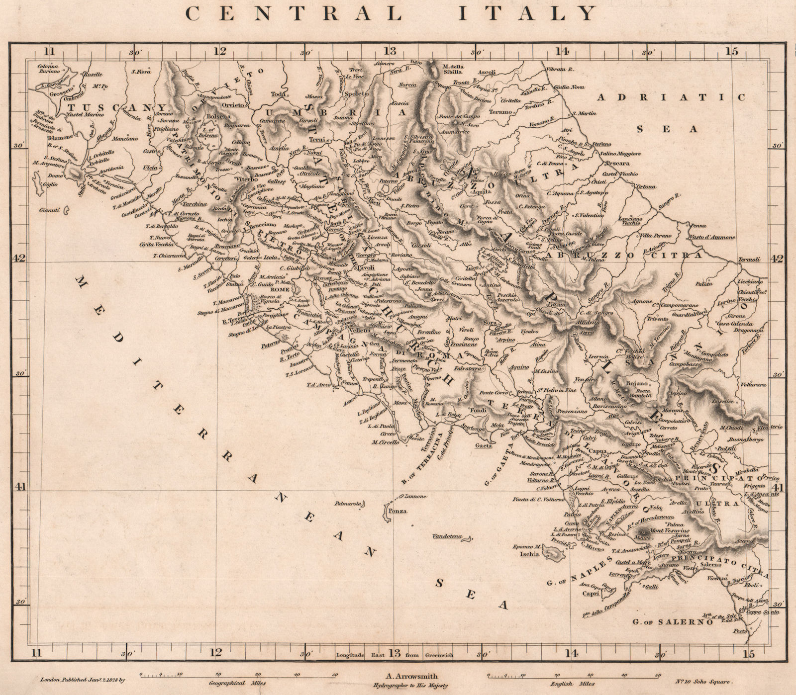 CENTRAL ITALY. Papal States. Naples. ARROWSMITH 1828 old antique map chart