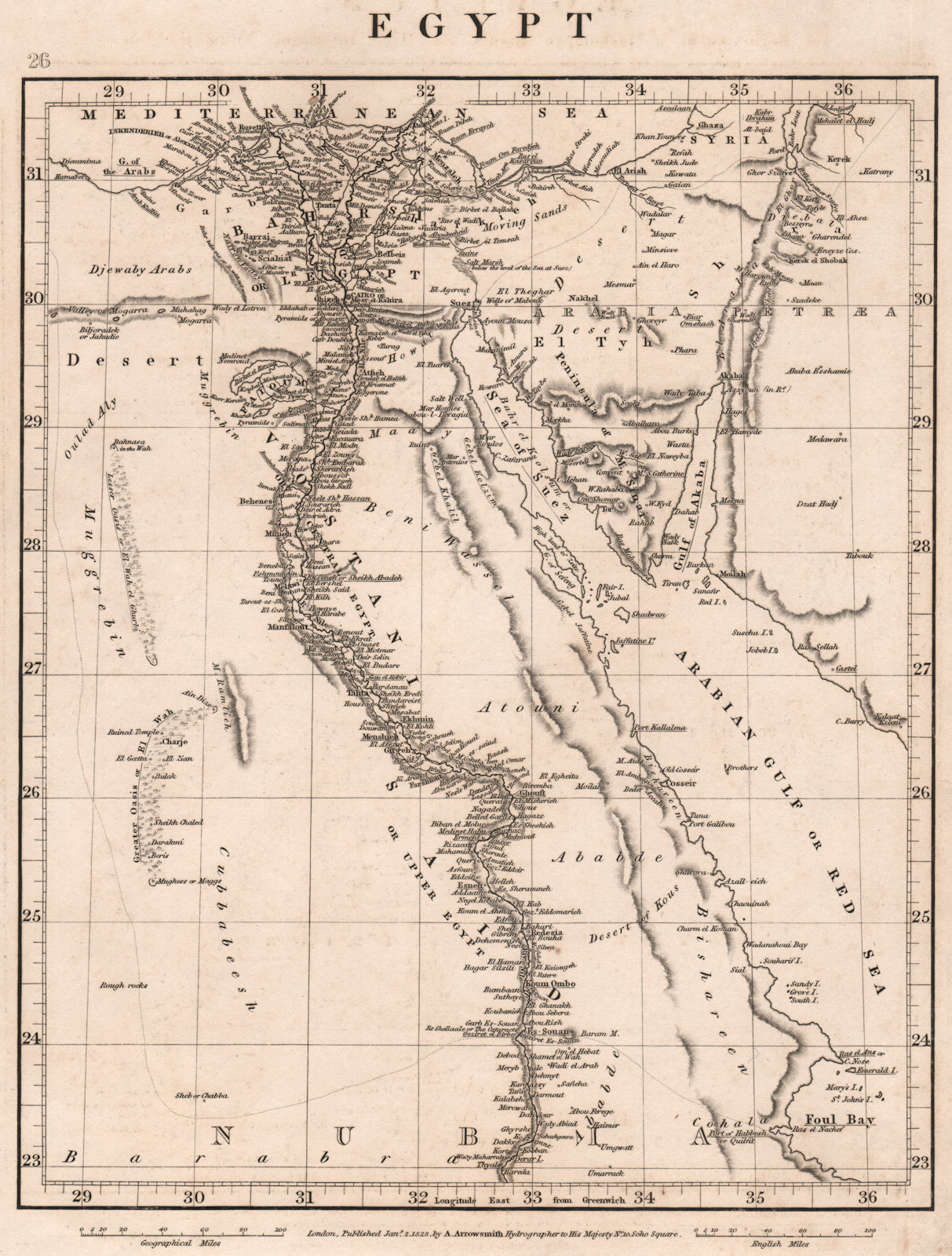EGYPT. Nile Valley. Nubia. Red Sea. Bahri Vostani Sinai. ARROWSMITH 1828 map