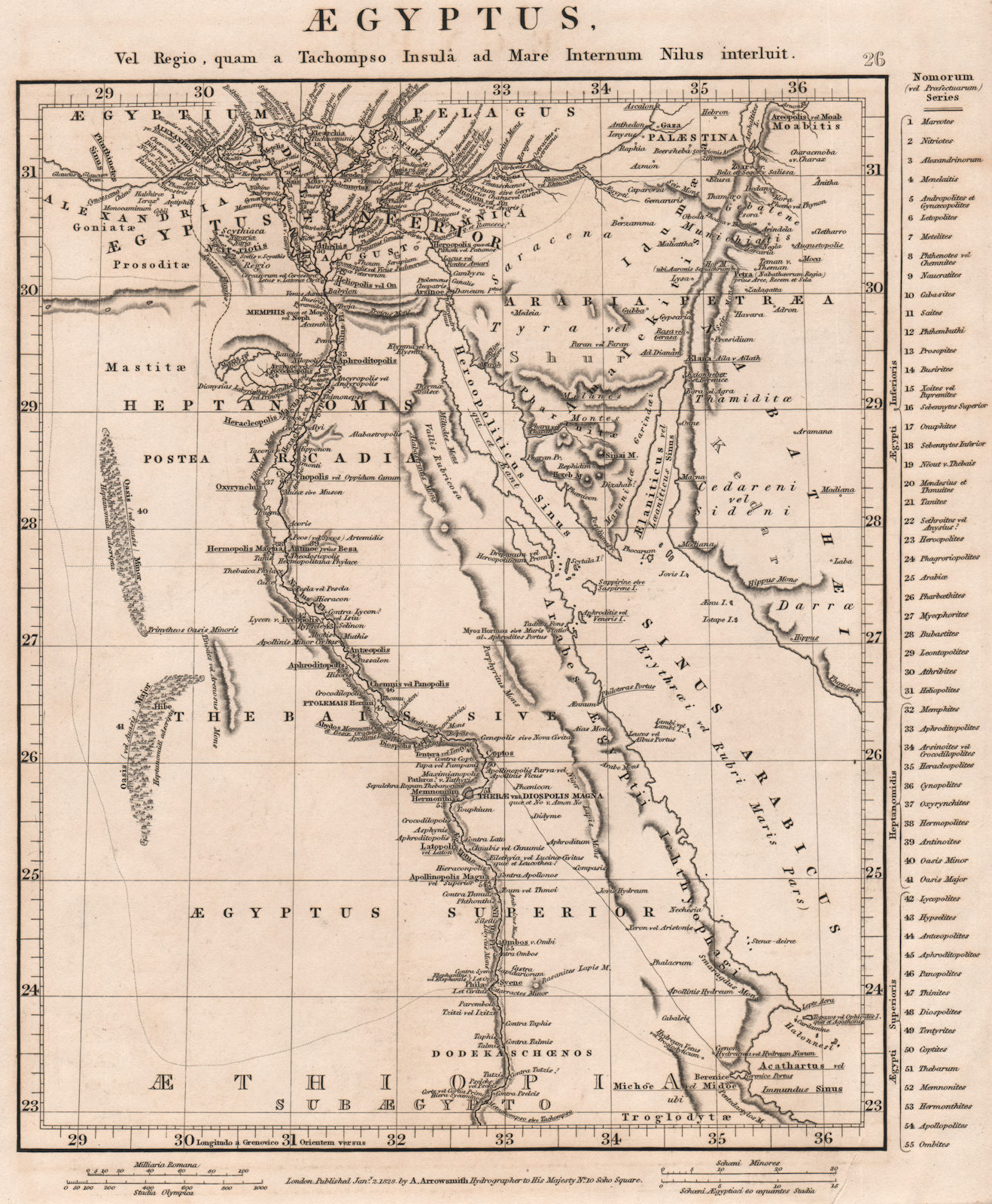 ANCIENT EGYPT. Aegyptus Arcadia Thebais Heptanomis. ARROWSMITH 1828 old map