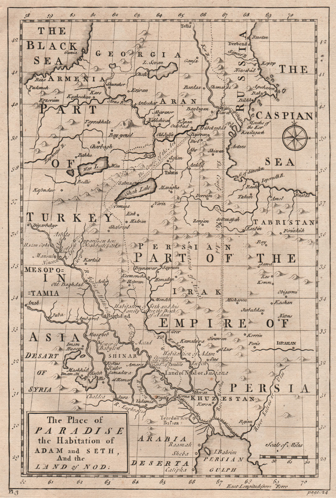 EDEN. Place of Paradise. Habitation of Adam and Seth. Land of Nod.Bible 1752 map