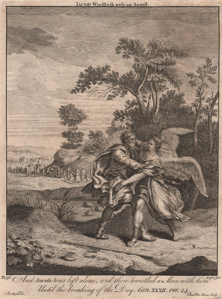 BIBLE. Genesis 32.24 Jacob wrestles with an Angel 1752 old antique print