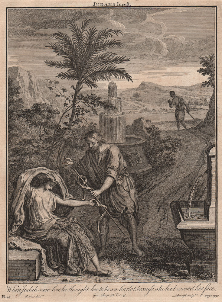 BIBLE. Genesis 38.15 Judah's incest 1752 old antique vintage print picture