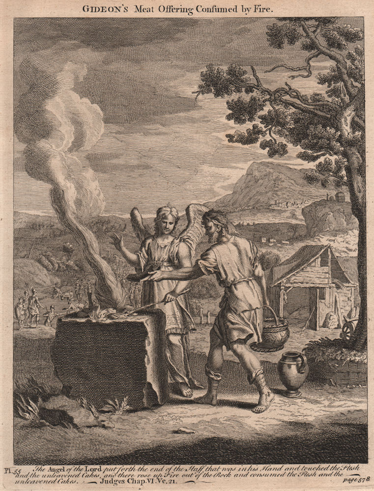 Associate Product BIBLE. Judges 6.21 Gideon's meat offering consumed by fire 1752 old print