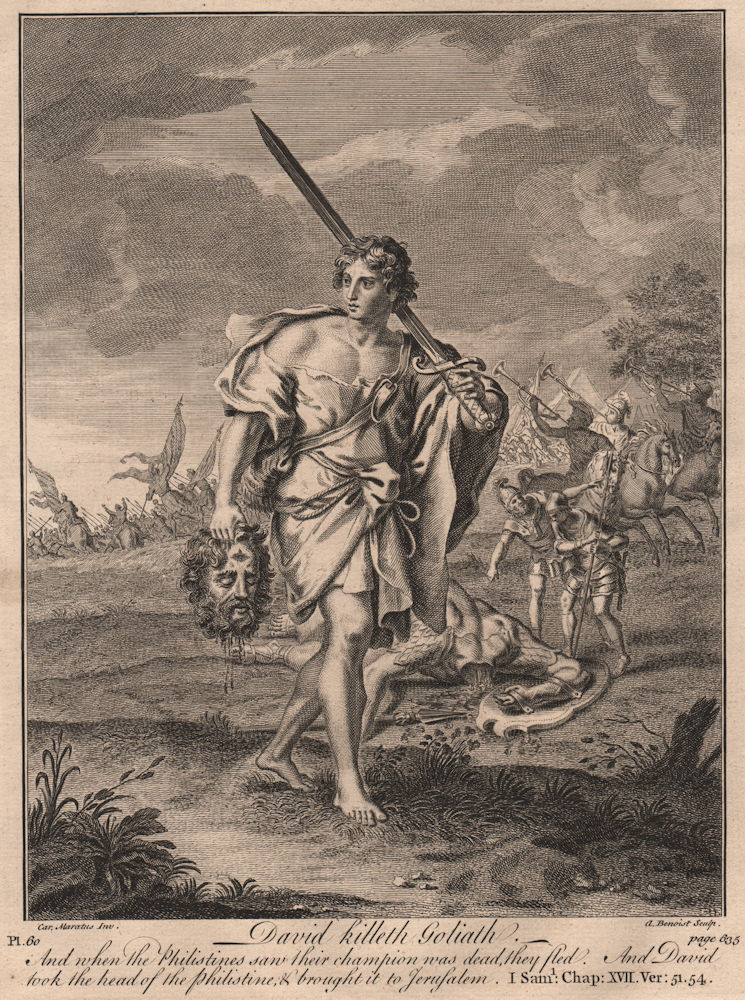 BIBLE. 1 Samuel 17.51, 54 David killeth Goliath 1752 old antique print picture