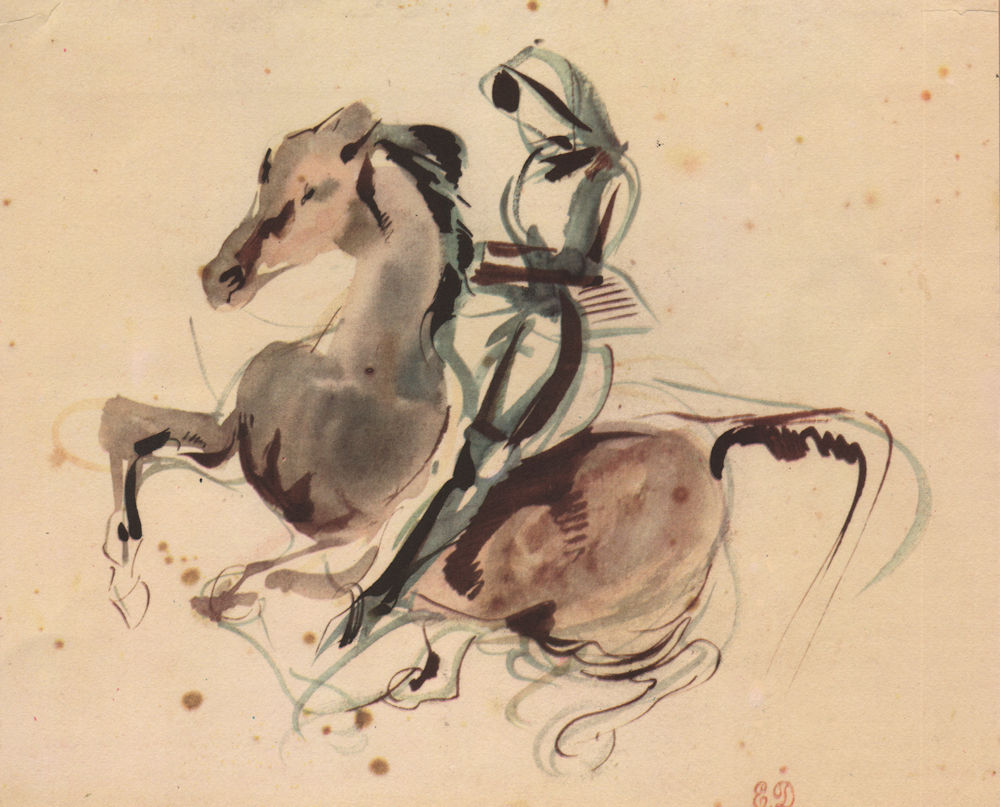 EUGENE DELACROIX. "Etude Cavalier". Spain. Espagne. Litho watercolour 1947
