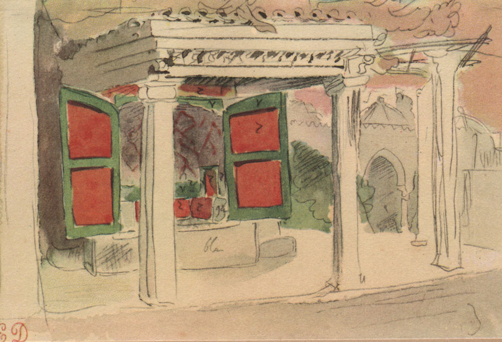 EUGENE DELACROIX. "Cour a Meknes". Courtyard. Litho of watercolour 1947 print