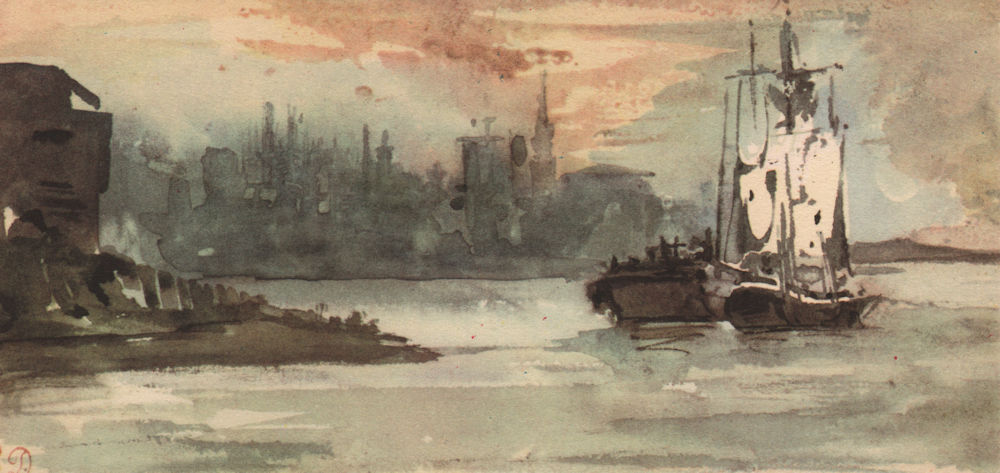 Associate Product EUGENE DELACROIX. "Le Port d'Anvers". Belgium. Lithograph of watercolour 1947
