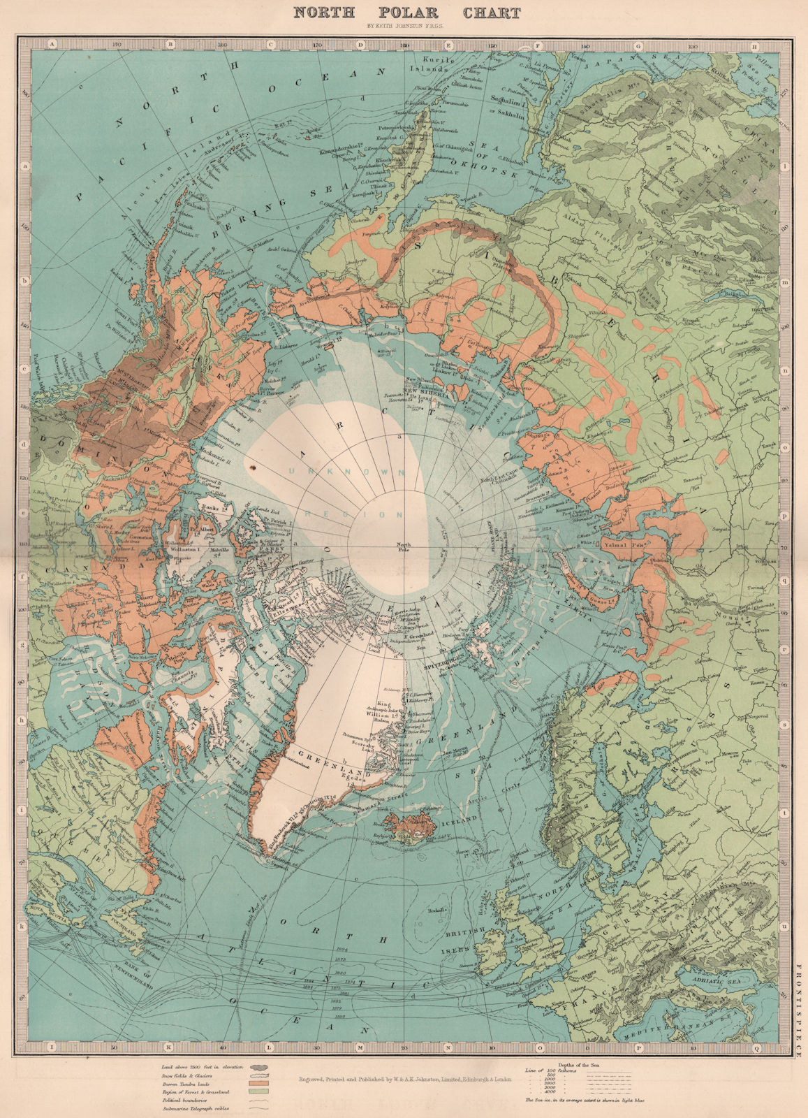 ARCTIC. North Polar chart. Telegraph cables. Ice limit. JOHNSTON 1906 old map