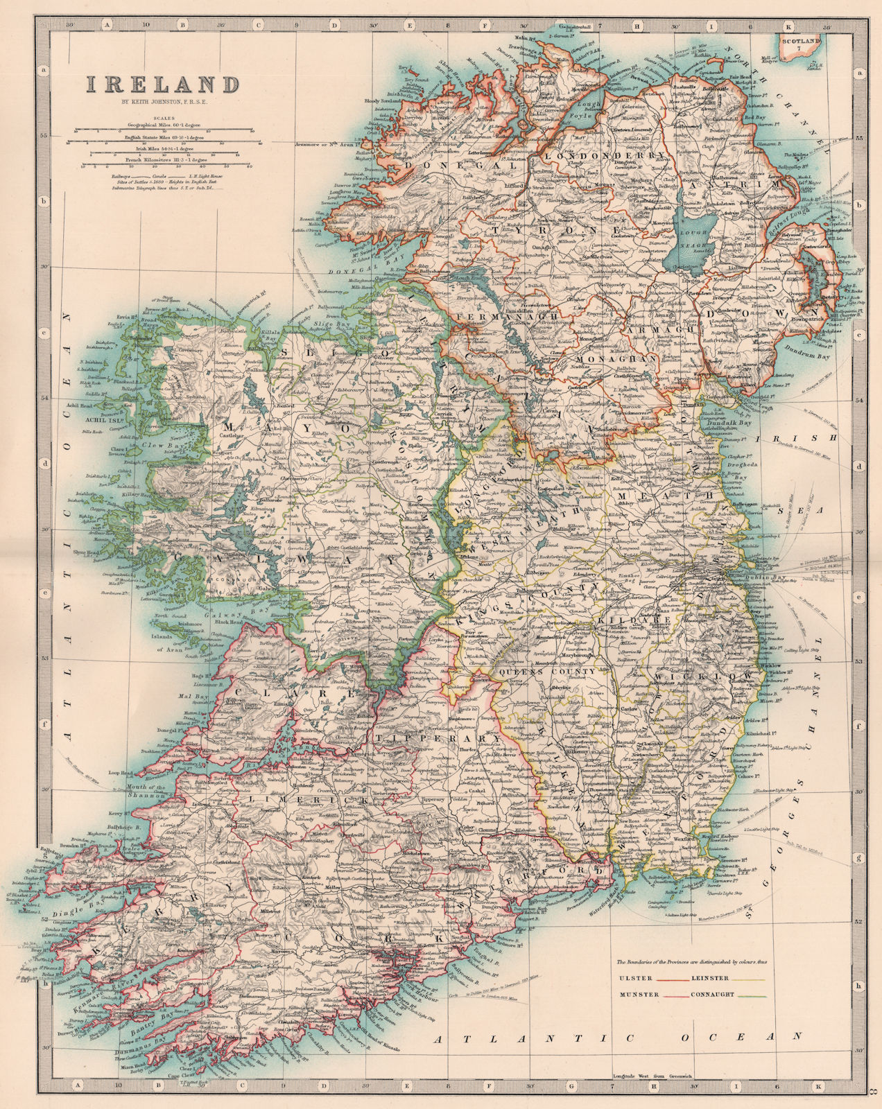 IRELAND. Ulster Leinster Munster Connaught.Lightships railways.JOHNSTON 1906 map