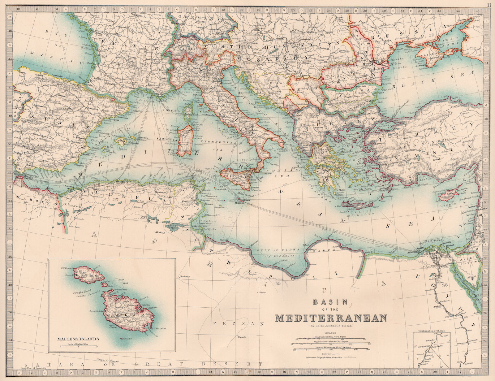 MEDITERRANEAN. Shows railways & Telegraph cables. Inset Malta. JOHNSTON 1906 map
