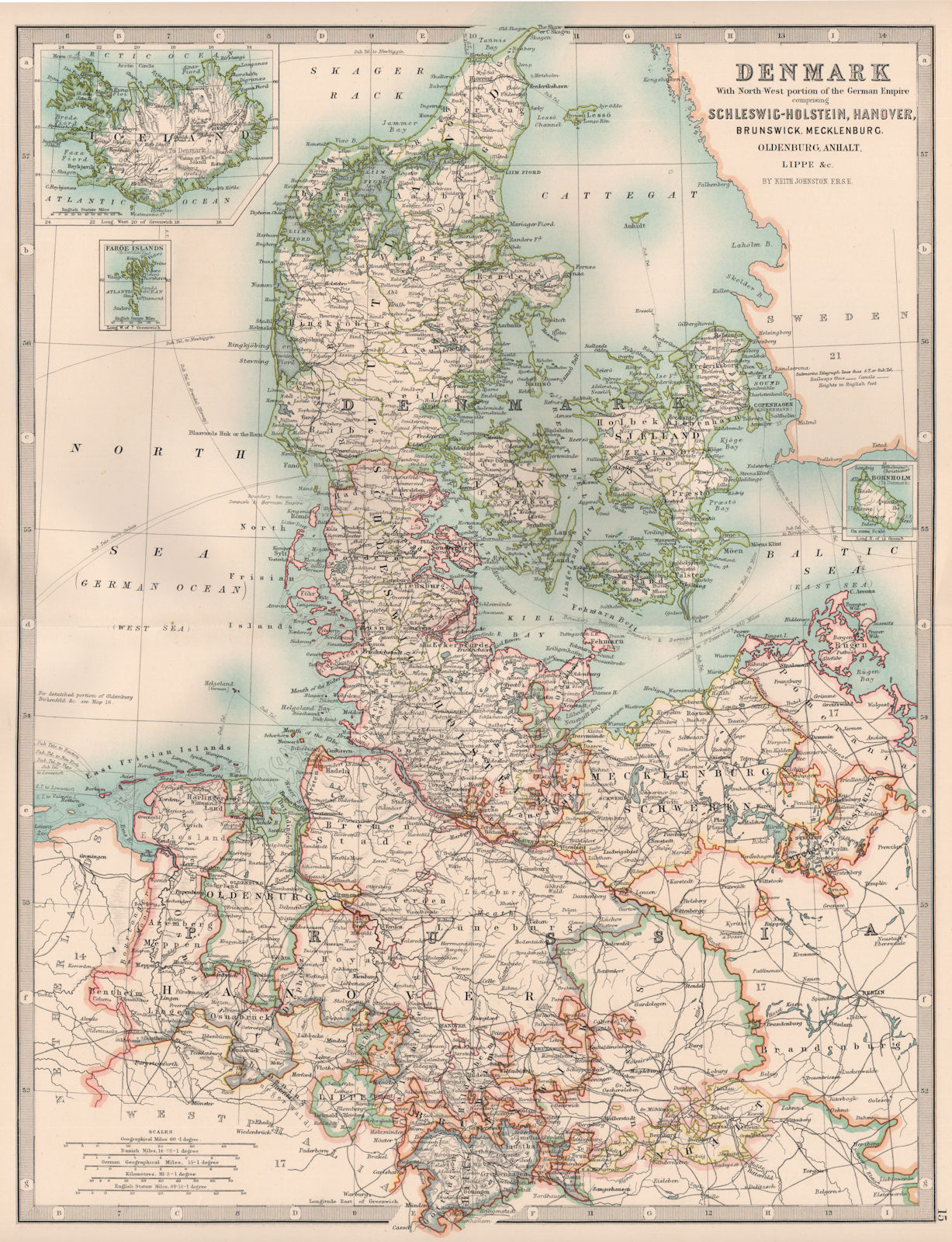 DENMARK/NORTHERN GERMANY. Schleswig-Holstein Hanover Brunswick.JOHNSTON 1906 map