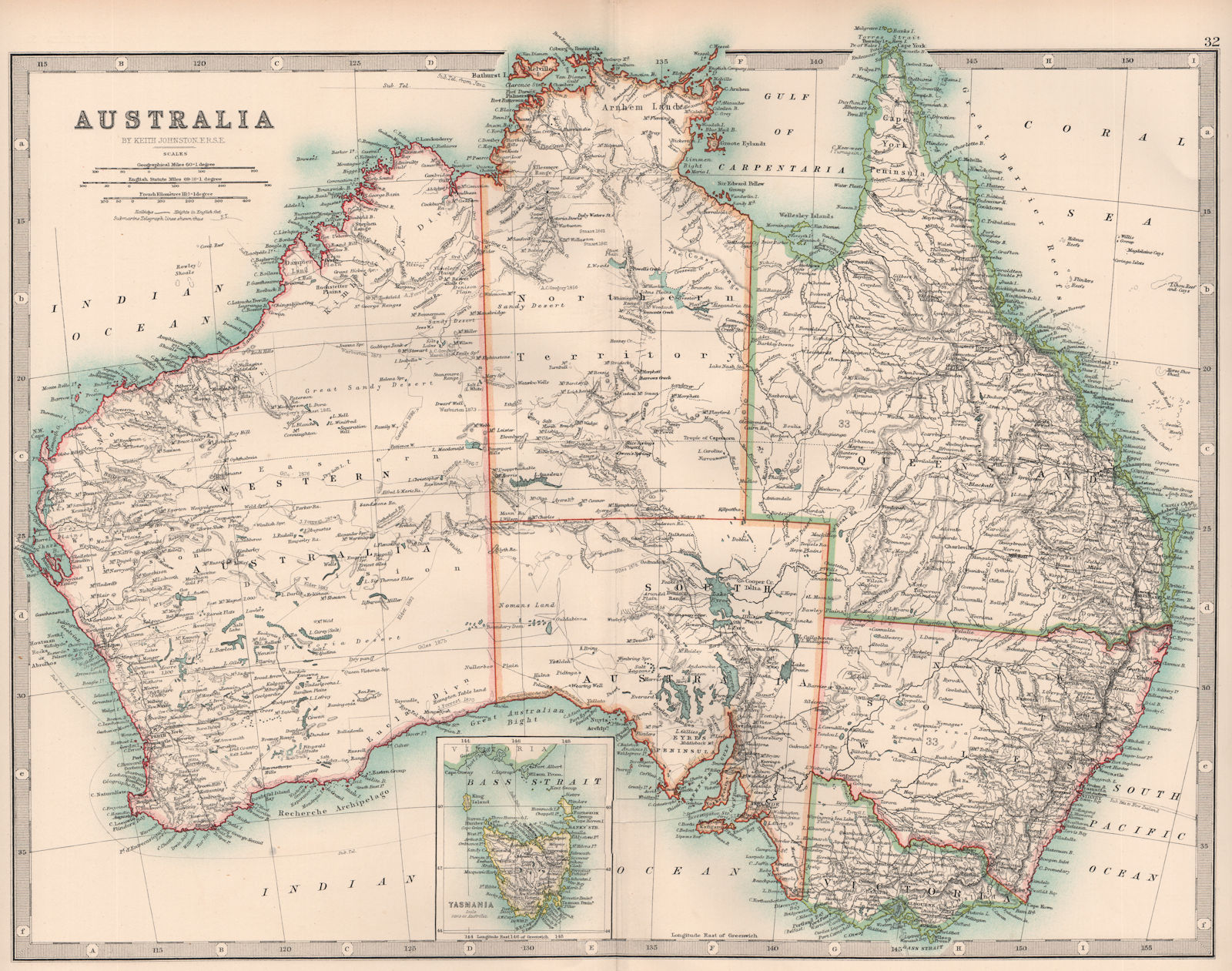 Associate Product AUSTRALIA. Showing explorers' routes with dates. Railways. JOHNSTON 1906 map