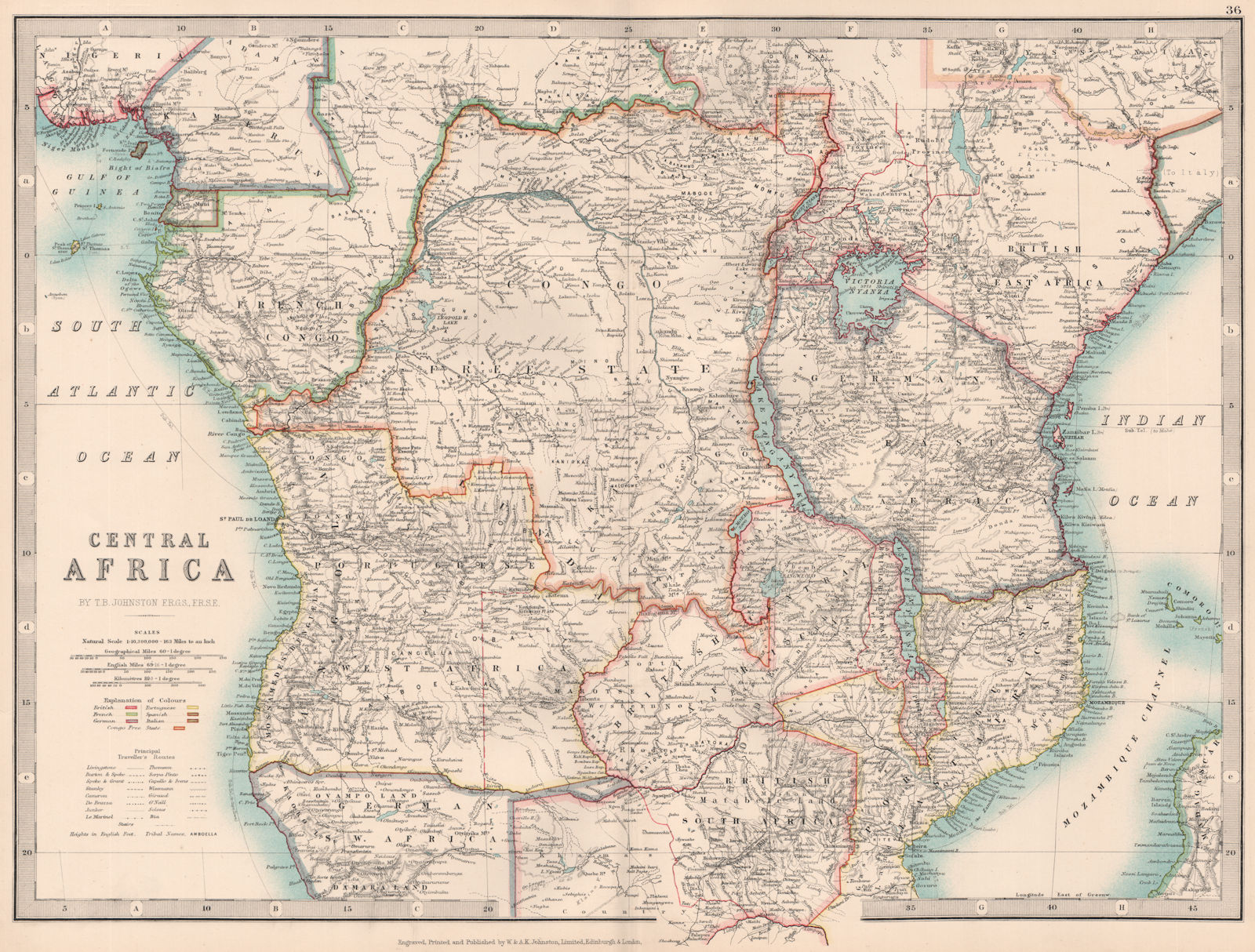 COLONIAL CENTRAL AFRICA. shows explorers routes & tribal names.JOHNSTON ...