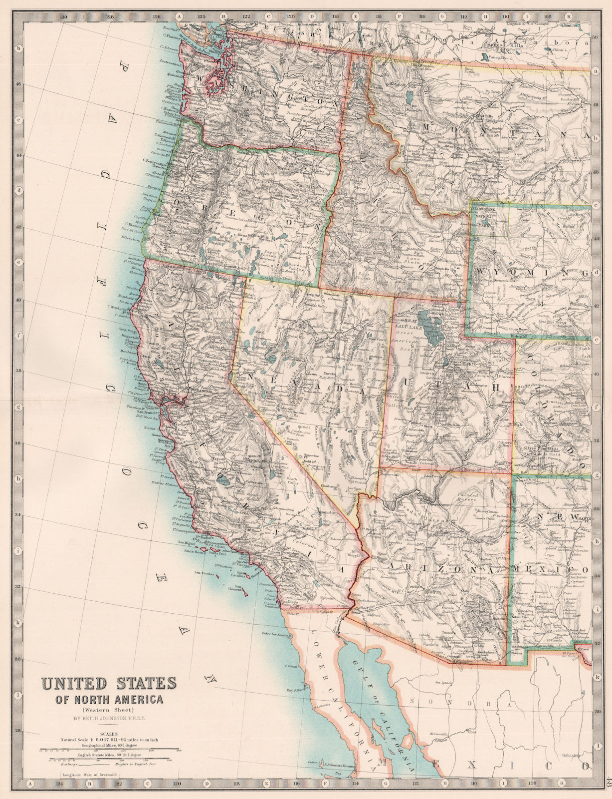 USA WEST. Pacific/Mountain states.California OR WA NV ID AZ UT.JOHNSTON 1906 map