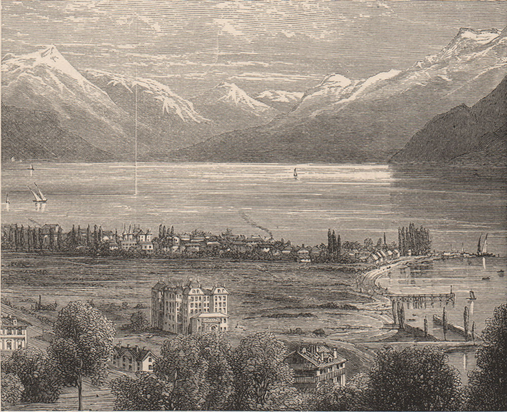 SWITZERLAND. Vevey and the Lake of Geneva, looking up the Rhone Valley 1882