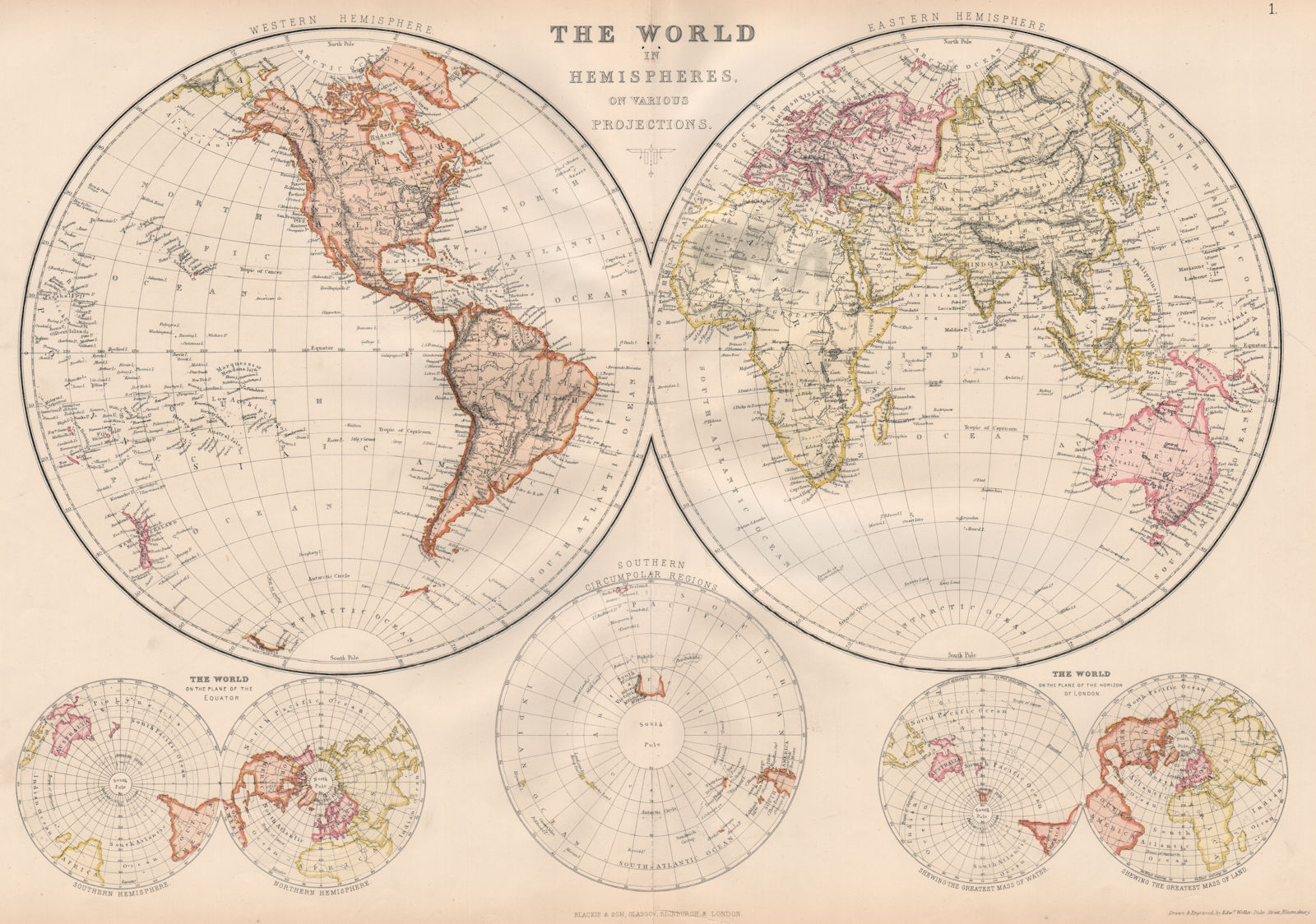 Associate Product WORLD IN HEMISPHERES. Equatorial Antarctic London planes. BLACKIE 1882 old map
