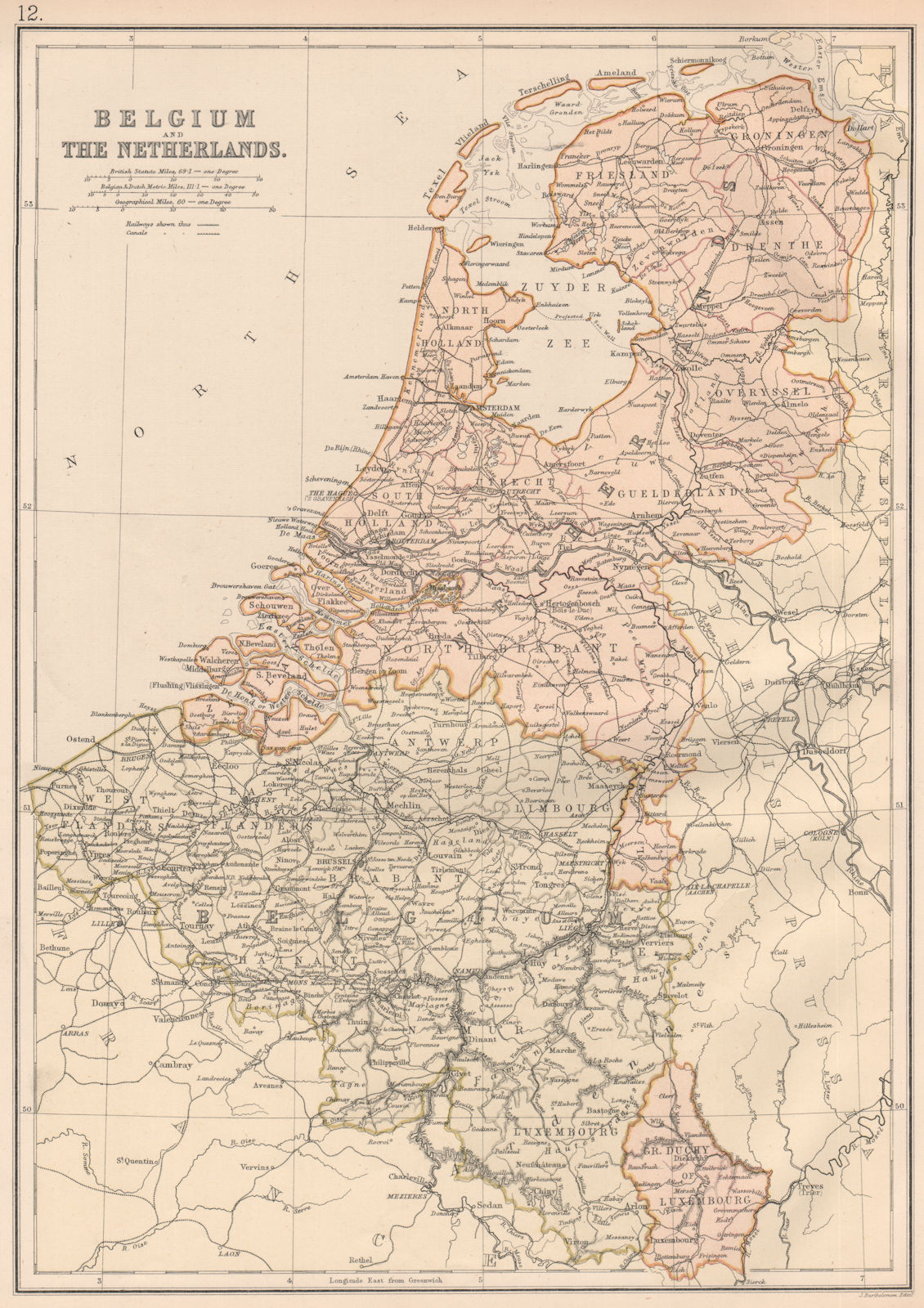 Associate Product BELGIUM & NETHERLANDS. Railways. canals. Scale in Belgian/Dutch miles 1882 map