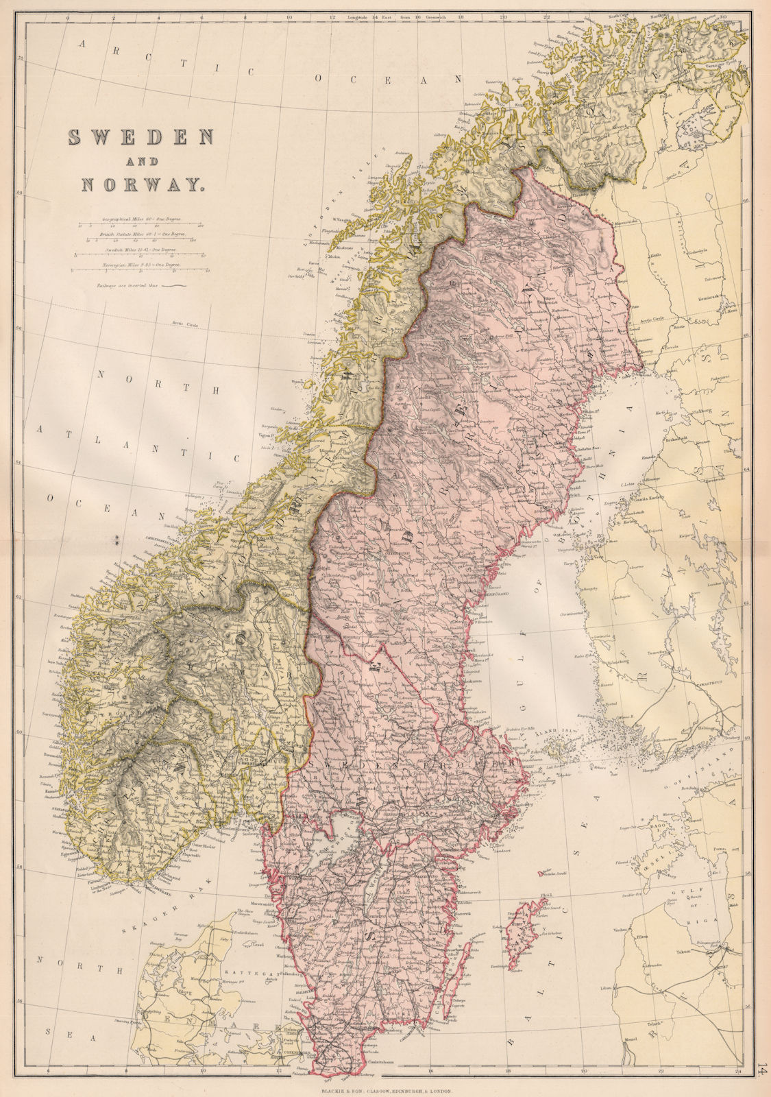 SCANDINAVIA. Sweden Norway.Railways.Scale in Swedish & Norwegian miles 1882 map