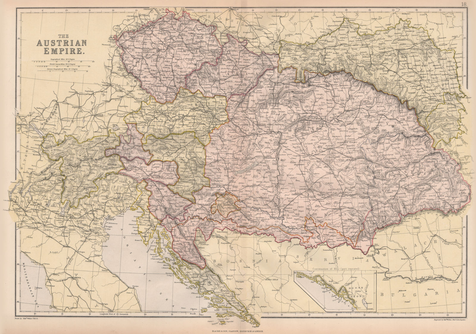 AUSTRIAN EMPIRE. railways. Bohemia Dalmatia Galicia Moravia. BLACKIE 1882 map