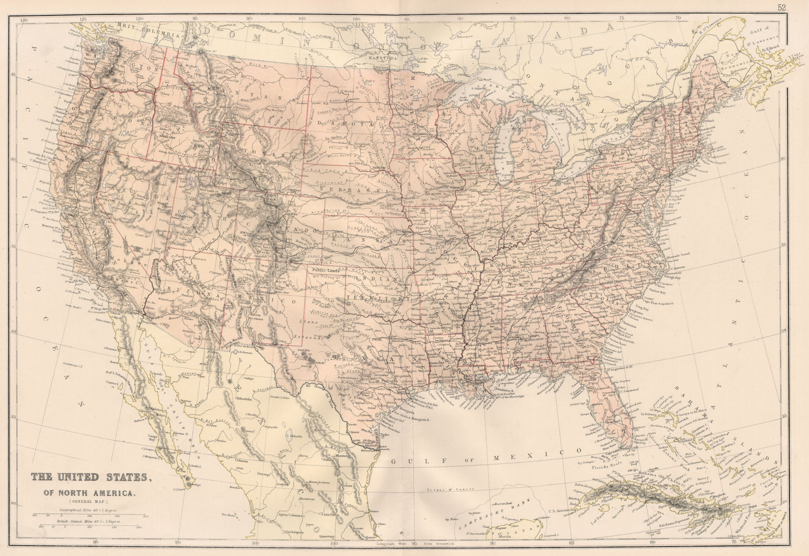 USA. Shows Oklahoma as "Indian Territory". Dakotas as a single state 1882 map