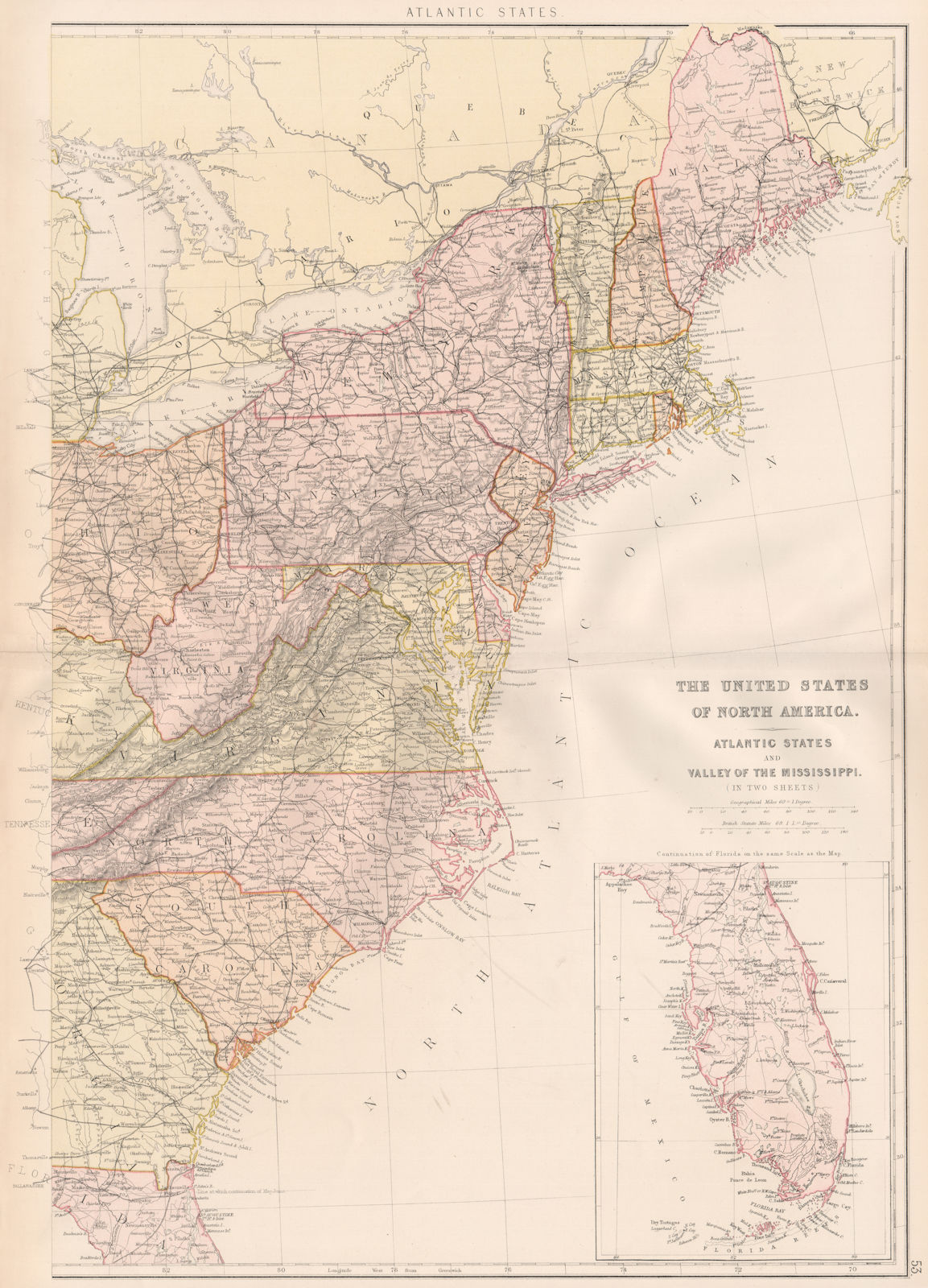 Associate Product ATLANTIC STATES. New England Appalachians Carolinas Florida. Railroads 1882 map