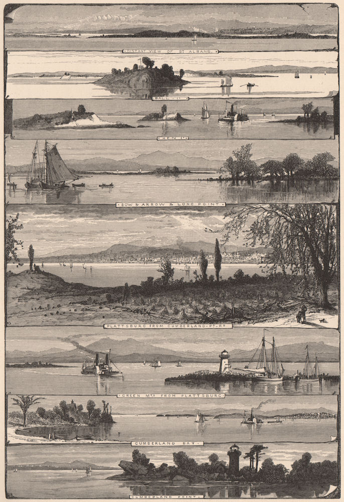 Associate Product LAKE CHAMPLAIN. Plattsburg to St. Albans. Cumberland Bay. Green Mountains 1874