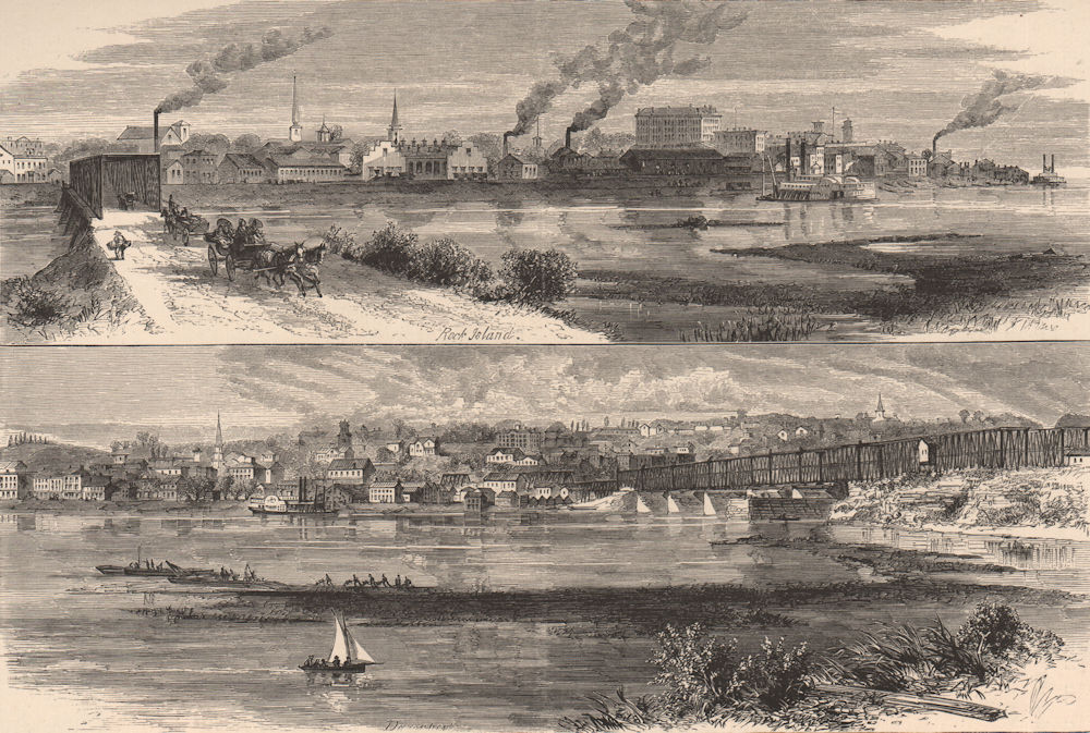 MISSISSIPPI RIVER. Rock Island, Illinois. Davenport, Iowa 1874 old print