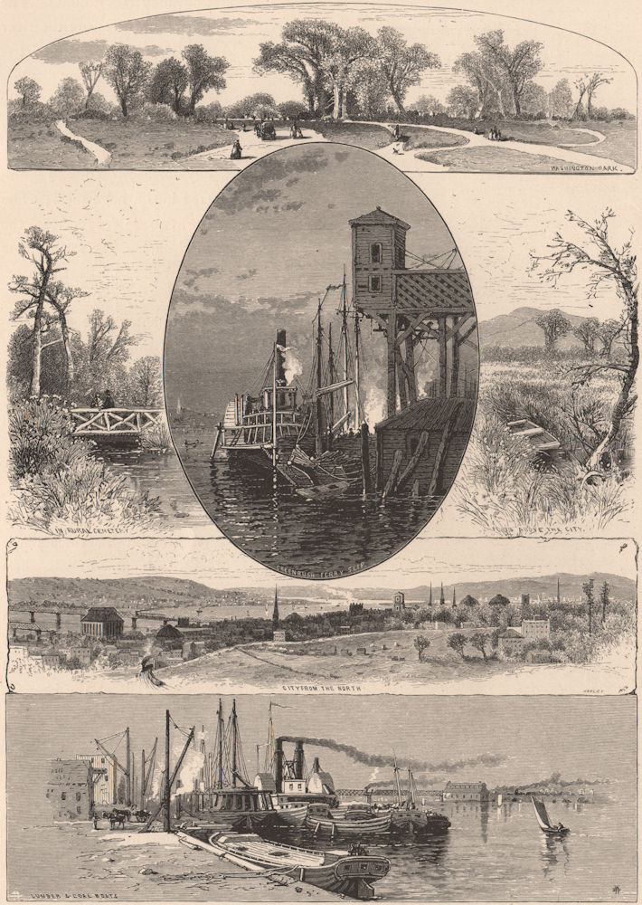 ALBANY, NY. View of the city. Greenbush ferry. Lumber & coal boats 1874 print