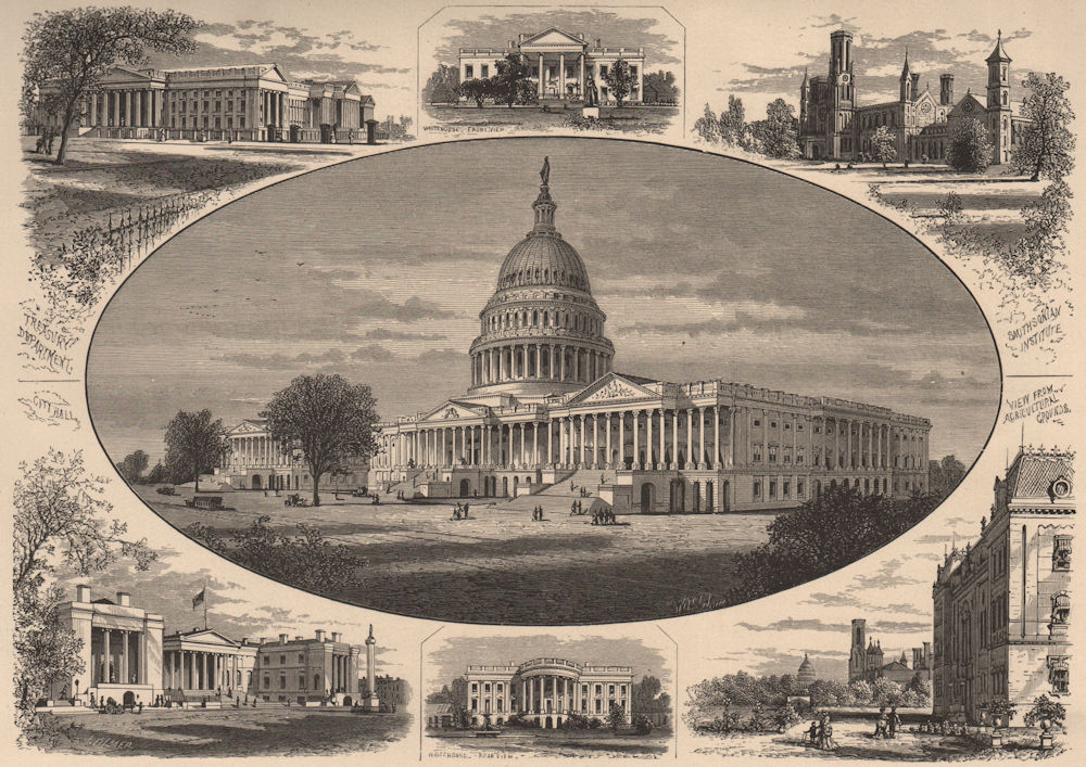 WASHINGTON DC. Public buildings. White House Capitol Treasury Smithsonian 1874