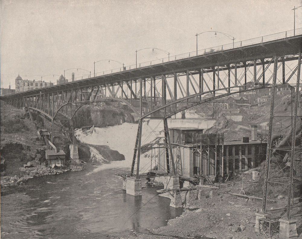 Monroe Street Bridge and Lower Falls, Spokane, Washington 1895 old print