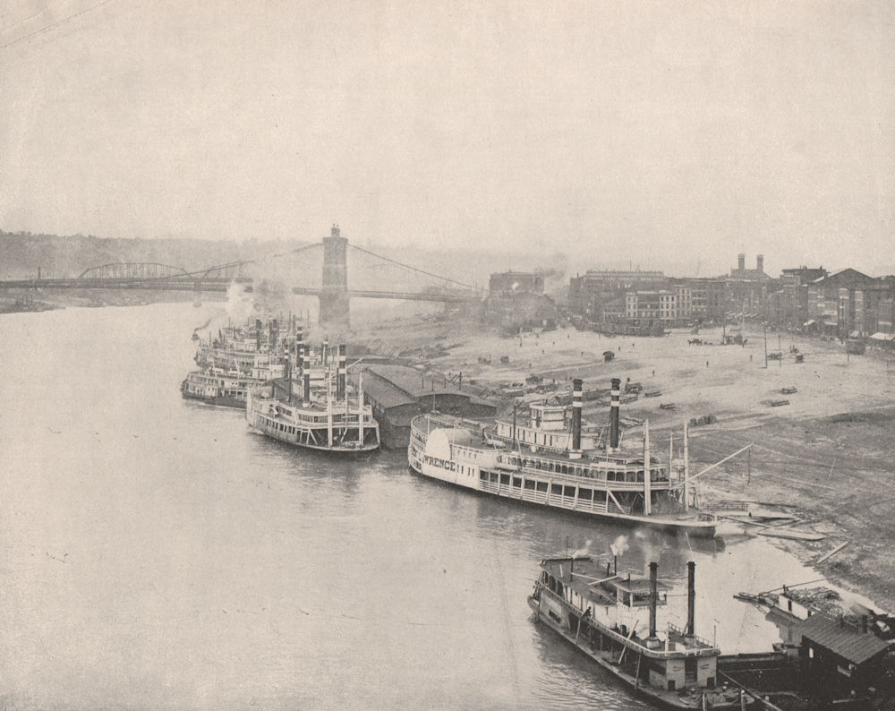 John A Roebling Suspension Bridge Cincinnati riverside Ohio Paddle Steamers 1895
