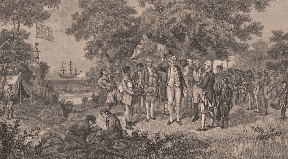 Captain Cook claiming NEW SOUTH WALES as British Botany Bay, 1770 1888 print