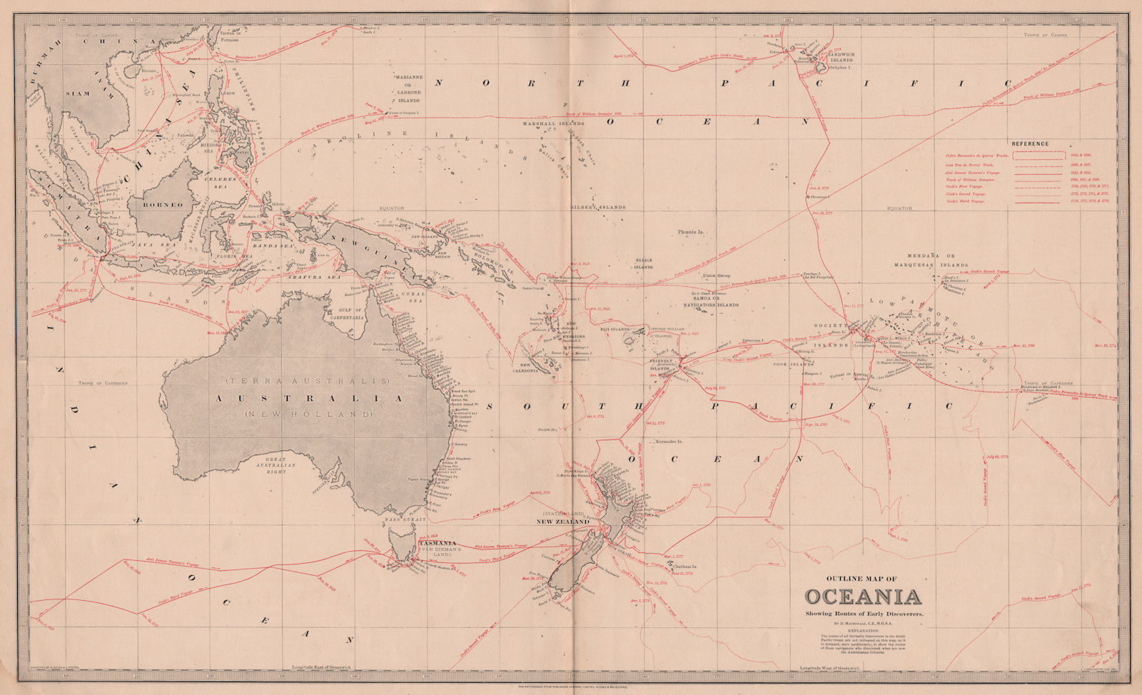 OCEANIA w/ explorers routes. Cook Tasman Torres Quiros.LARGE.MACDONALD 1888 map