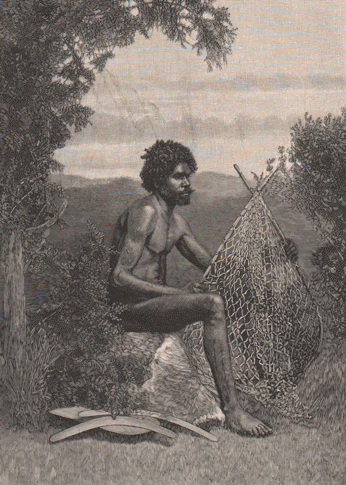 Blackfellow mending his net. Australia 1888 old antique vintage print picture